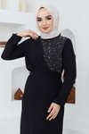 Siyah Boncuk Krep Abiye Elbise