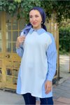 Açık Mavi Önü Örme Kumaş Poplin Tunik