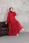 Bordo Kat Büzgülü Astarlı Şifon Elbıse
