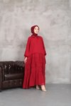 Bordo Kat Büzgülü Astarlı Şifon Elbıse
