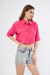 Fuşya Cepli Kısa Terrycotton Kaliteli Kumaş Pembe Crop Gömlek