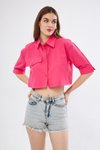 Fuşya Cepli Kısa Terrycotton Kaliteli Kumaş Pembe Crop Gömlek