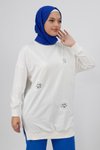 Ekru Taşlı Nakışlı İplik Sweatshirt