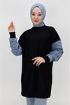 Siyah İp Kumaş Kolları Kot Detaylı Sweatshirt