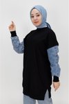 Siyah İp Kumaş Kolları Kot Detaylı Sweatshirt