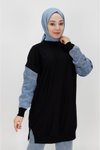 Siyah İp Kumaş Kolları Kot Detaylı Sweatshirt