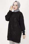 Siyah İp Kumaş Taş Baskılı Sweatshirt