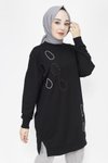 Siyah İp Kumaş Taş Ve Nakış Detaylı Sweatshirt