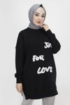 Siyah Önü Tüy Baskılı İp Kumaş Sweatshirt