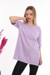 Lila Düz Uzun Ve Yırtmaçlı Duble Kol Önü Baskısız T-shirt Tunik