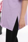 Lila Düz Uzun Ve Yırtmaçlı Duble Kol Önü Baskısız T-shirt Tunik