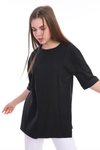 Siyah Düz Uzun Ve Yırtmaçlı Duble Kol Önü Baskısız T-shirt Tunik