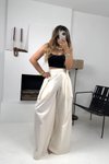 Krem Wide Leg Paça Kemerli Pantolon