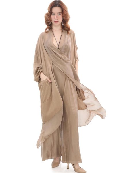 Camel Italyan İpek Detaylı Oversize Kaftan & Bluz