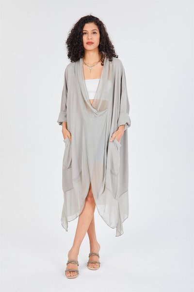 Gri Italyan İpek Detaylı Oversize Kaftan & Bluz