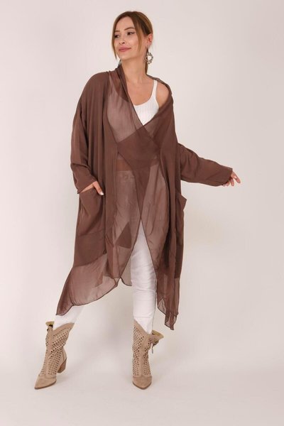 Kahverengi Italyan İpek Detaylı Oversize Kaftan & Bluz