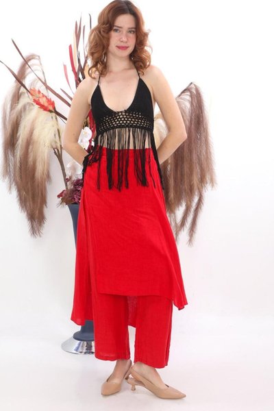 بنطلون تنورة كتان إيطالي أحمر