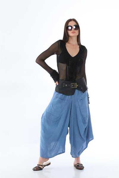 بنطلون سالفار كتان إيطالي بجيوب بلون أزرق بنزين