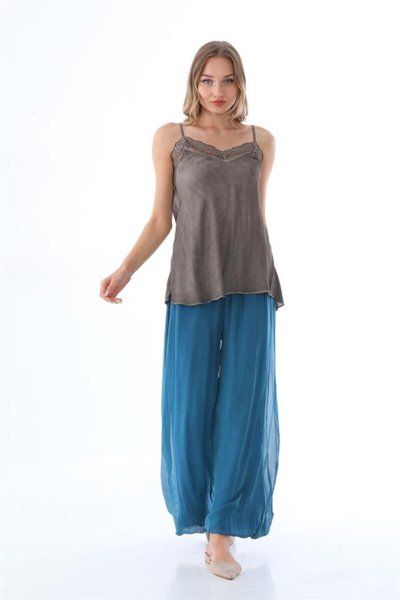 بنطلون حرير إيطالي كورسيه مبطن بلون أزرق بترولي