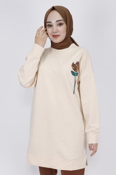 Bej İp Kumaş Pul İşleme Detaylı Sweatshirt