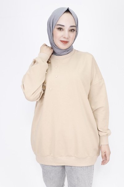 Bej İp Kumaş Tüy Ve �İnci Detaylı Oversize Sweatshirt