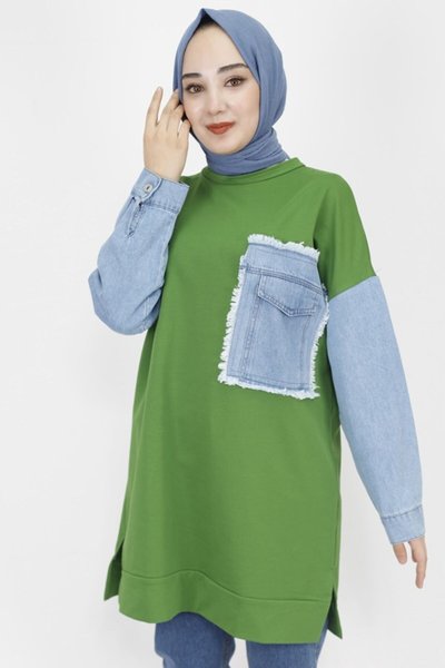 Haki İp Kumaş Kot Cep Detaylı Sweatshirt