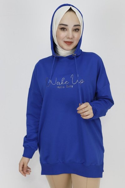 Saks İp Kumaş Yazı Baskılı Kapüşonlu Sweatshirt