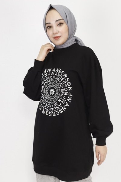 Siyah İp Kumaş Nakış Yazı Ve Taş Detaylı Sweatshirt