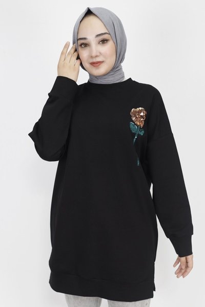 Siyah İp Kumaş Pul İşleme Detaylı Sweatshirt