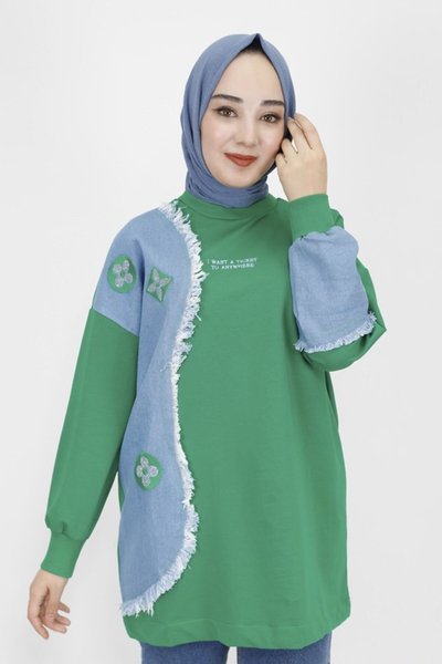 Yeşil İp Kumaş Kot Garnili Ve Nakış Detaylı Sweatshirt