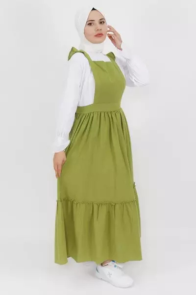 Yeşil Keten Kumaş Gömlekli Jile Elbise