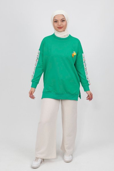 Yeşil Kolları Nakış Detaylı İplik Sweatshirt