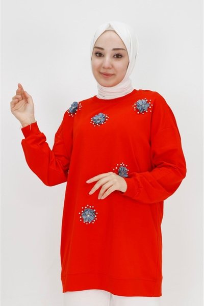 Oranj İp Kumaş Taş Ve Boncuk Detaylı Sweatshirt