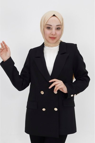 Black Faux Pocket Detail Short Length Double Breasted Blazer Jacket