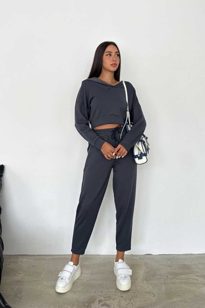 Antrasit Basic Kapüşonlu Sweatshirt Jogger Eşofman Modal Kumaş 2'li Takım