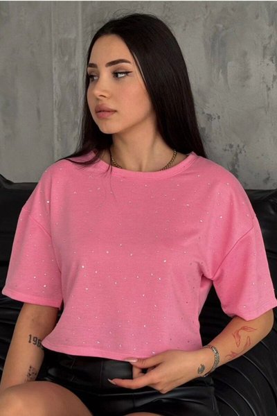 Pembe Taşlı Bisiklet Yaka Kısa Kollu Oversize T-shirt