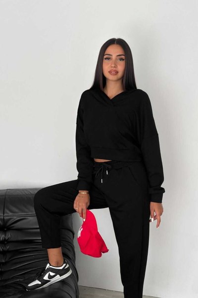 Siyah Basic Kapüşonlu Sweatshirt Jogger Eşofman Modal Kumaş 2'li Takım