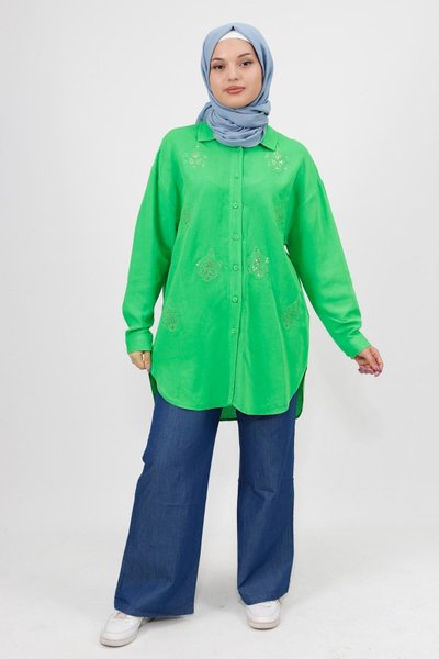 Green Sequin and Embroidery Detailed Oversize Linen Fabric Shirt