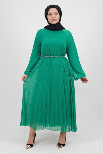 Green Chiffon Fabric Pleated Dress with Chain Belt