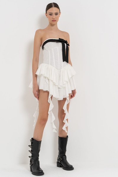 Off White Fırfır Detaylı Straplez Mini Abiye Elbise