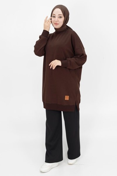 Kahverengi İki İp Kumaş Basic Tunik Sweatshirt