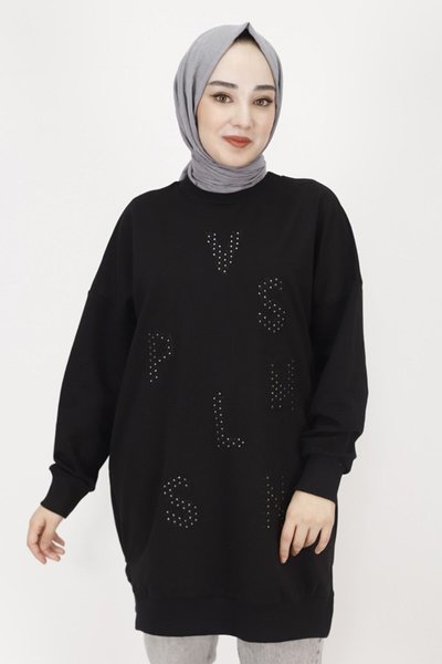 Siyah İp Kumaş Taş Baskılı Sweatshirt