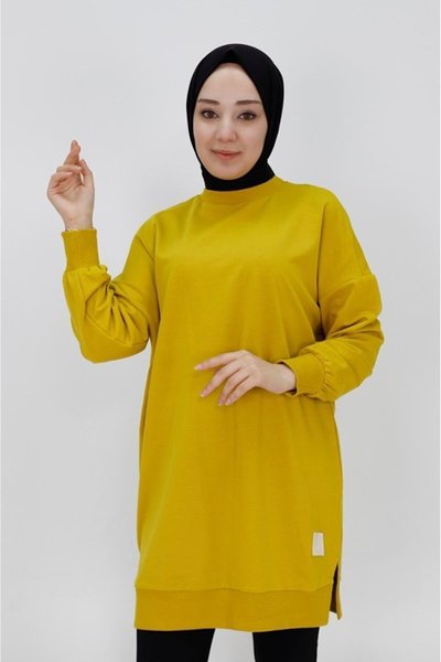 Yağ Yeşili İki İp Kumaş Basic Tunik Sweatshirt