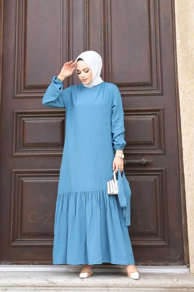 فستان أزرق برباط خصر من قماش فيسكوز أنيق