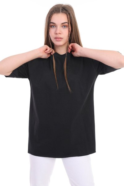 Siyah Düz Uzun Ve Yırtma�çlı Duble Kol Önü Baskısız T-shirt Tunik