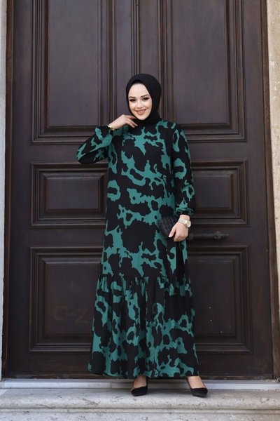 فستان أنيق صيفي أخضر من قماش منسوج بحزام