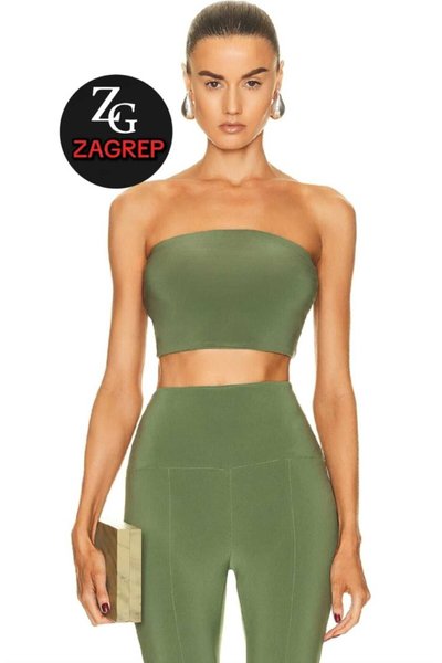 Fıstık Yeşili Çift Katlı Fermuarlı İpek Jarse Crop Top