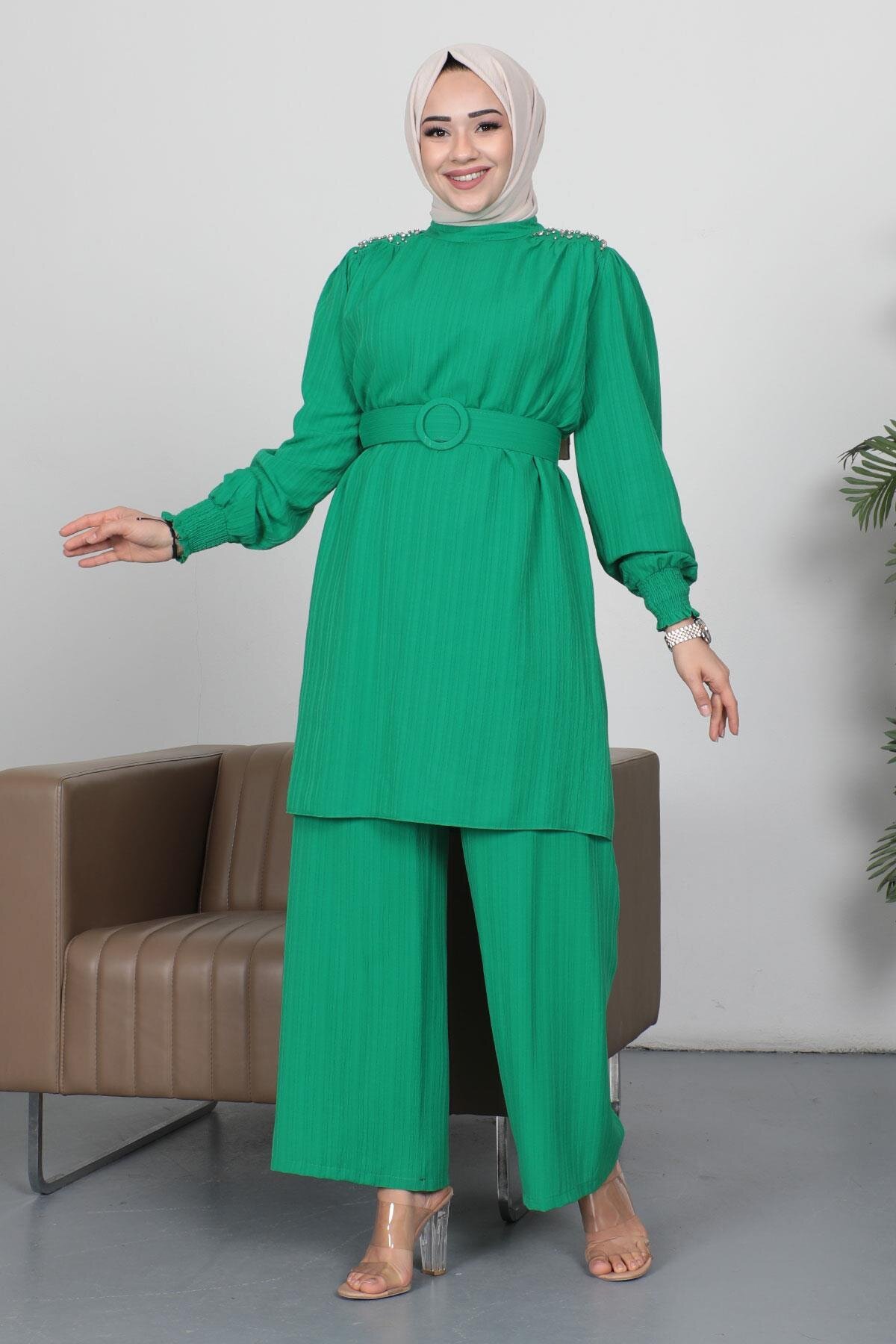 Green Stone Detailed Belted Suit - Modamihram