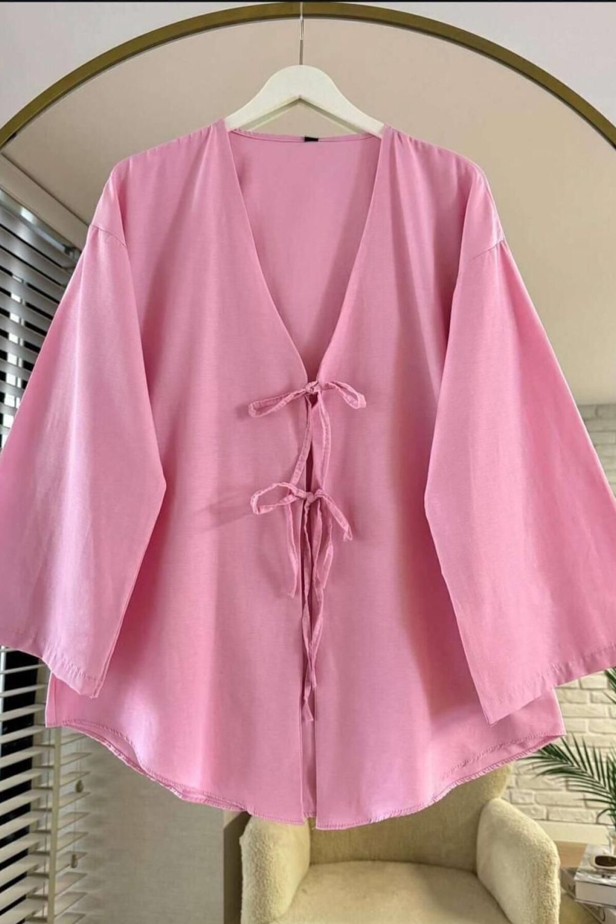 Nergis Neva Butik Pembe Önü Baglamalı Kimono Tunik