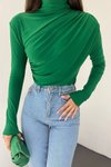 Yeşil Büzgü Drape Detay Boğazlı Uzun Kollu Bluz